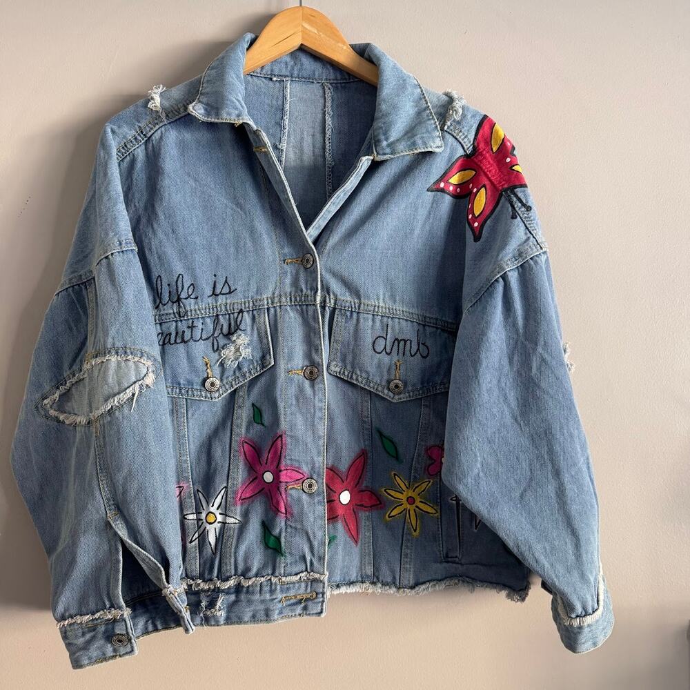 Wren and Glory Hand Painted Floral Denim Jean Jacket Monogrammed Custom - Picture 2 of 7